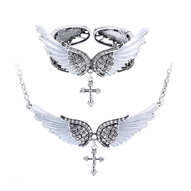 Angel wing cross necklace bracelet sets women biker jewelry birthday gifts women her girlfriend wife mom