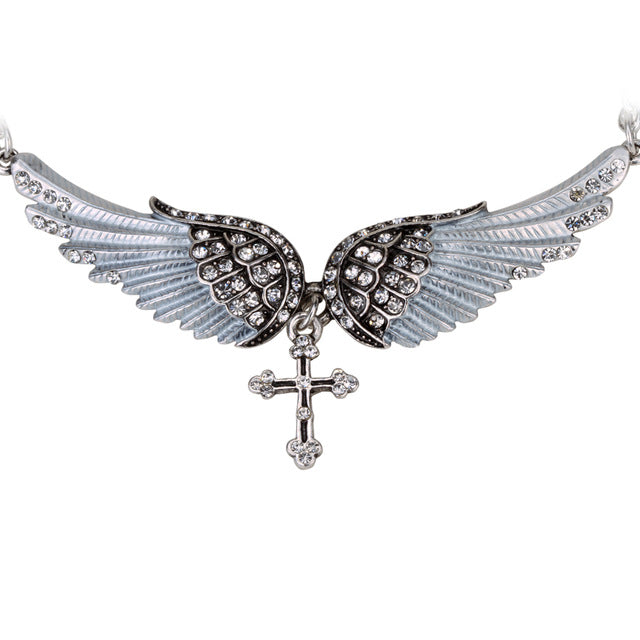 Angel Wing Cross Choker Necklace Guardian Women Biker Crystal Jewelry Gifts