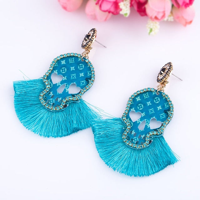 Fashion Women Multicolored Skull Pendant Fringed Earrings