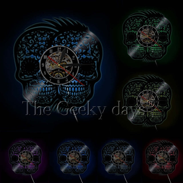 Two Skull Heads Halloween Wall Art Skeleton Heads Vinyl Record Wall Clock Home Decor Death Skulls Modern Wall Clock Handmade Art