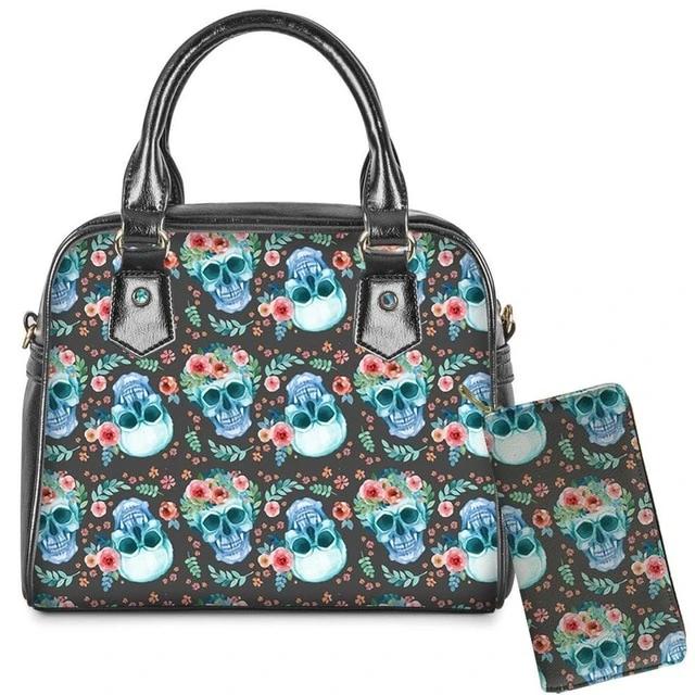 2Pcs/set Sugar Skull Print Shoulder Messenger Cross-body Bag and Wallet