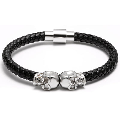 19/20cm Men Leather Jewelry Black Genuine Leather Gold Stainless Titanium Steel Double Skull Bracelet Bangles