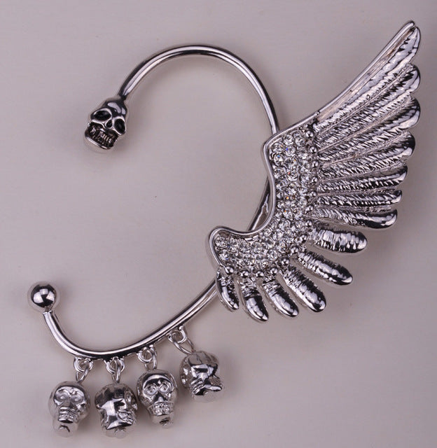 Left ear clip cuff earrings Wing skull hiphop jewelry for women W crystal antique gold silver color