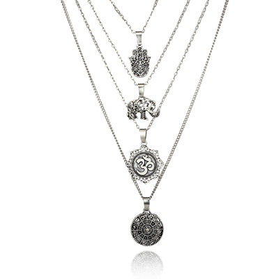 Silver Color Hand Elephant Compass Pendant Necklace for Women Girl Metal Layered Necklaces Party Jewelry Collar 4373