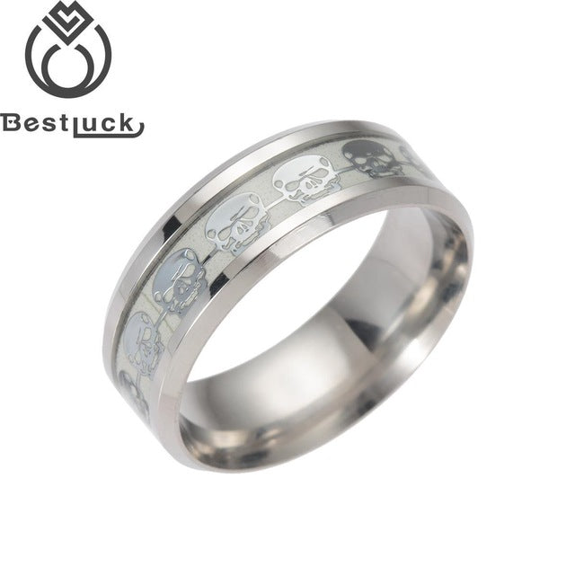 Hot Sale Steel Metal Hiphop Rock Skeleton Luminous Glow In The Dark Simple Skull Black Rings For Gothic Punk Men Biker Gift