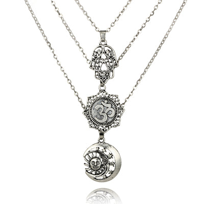 Retro Silver Color Hand Flower Moon Sun Pendant Necklace for Women Girl Charm Layered Necklace Boho Jewelry Collar 5067