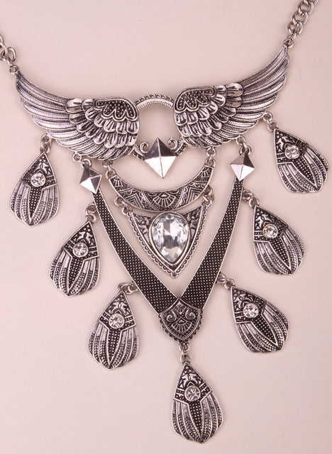 Angel wings bib necklace women biker bling jewelry gifts adjustable antique silver color