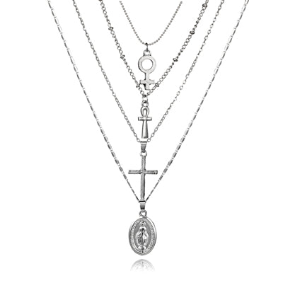 Boho Geometric Cross Buddha statue Charms Pendant Necklace for Women Metal Chian 4 Layered Necklace Bohemian Jewelry 5201
