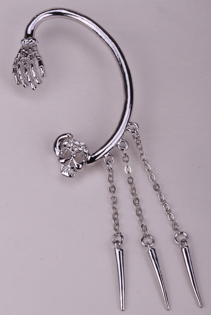 Skull skeleton hand left ear cuff earrings ear clip for women W/ crystal SC61 biker hiphop jewelry
