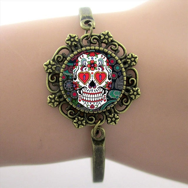 Sugar Skull Bracelets Skeleton Glass Gem Lace Charm Jewelry