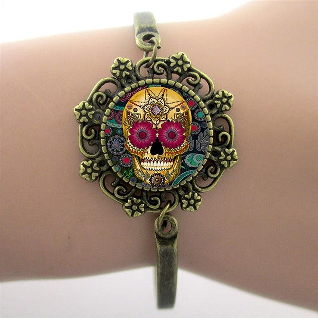 Sugar Skull Bracelets Skeleton Glass Gem Lace Charm Jewelry