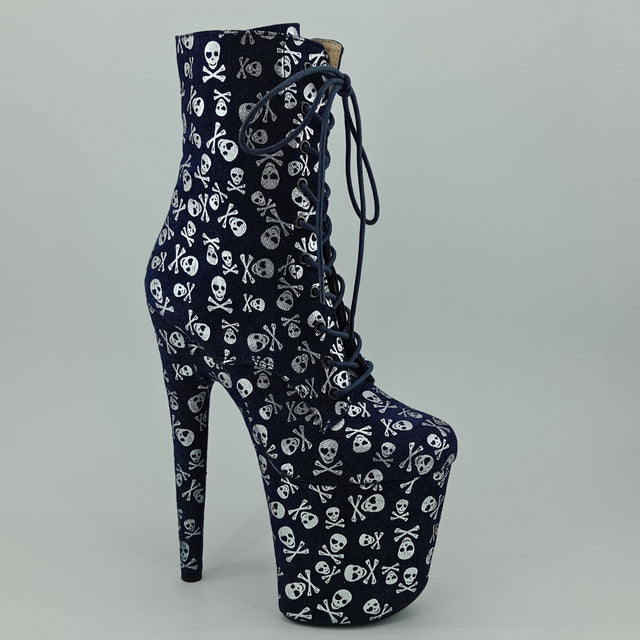 Leecabe Skull printing demin 20CM/8inches Pole dancing shoes High Heel platform Boots closed toe Pole Dance boots|Mid-Calf Boots|