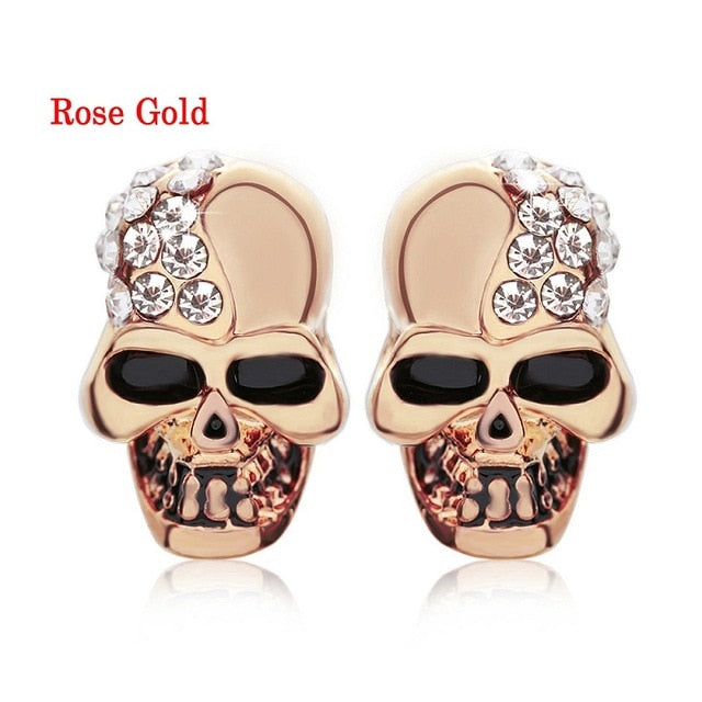 1Pair New Gothic Skull Head Stud Earrings For Women Skeleton Crystal Rhinestones Ear Studs Party Punk Piercing Jewelry