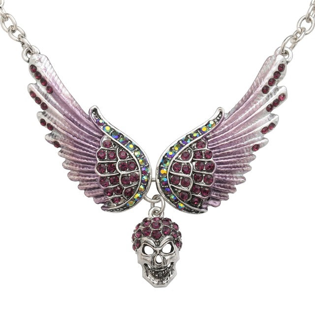 Angel Wings Skull Choker Necklace Guardian Biker Crystal Goth Jewelry Gift for Women Silver Color (18+2)"