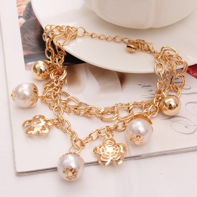 Gold Color Multilayer Beaded Pendant Bracelets and Bangles Fashion Women Heart Butterfly Charm Bracelet Jewelry Accessories