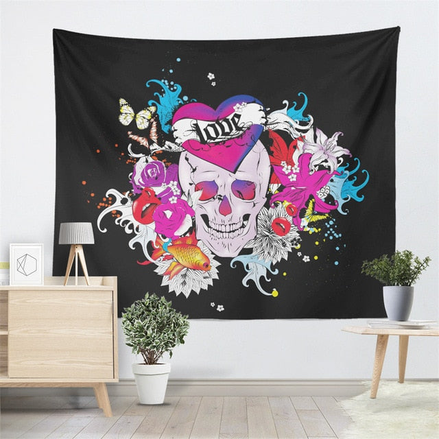 Boho Sugar Skull Tapestry Rose Flowers Feather Print Wall Hanging
