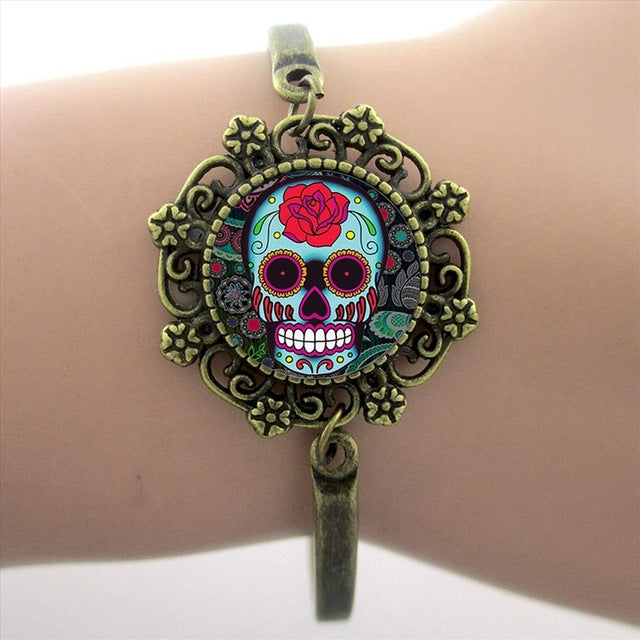 Sugar Skull Bracelets Skeleton Glass Gem Lace Charm Jewelry