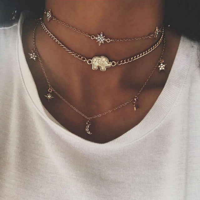 Vintage Bohemia Choker Necklace for Women Moon Elephant Chain Statement Necklace Pendant Fashion Jewelry Ethnic Collar