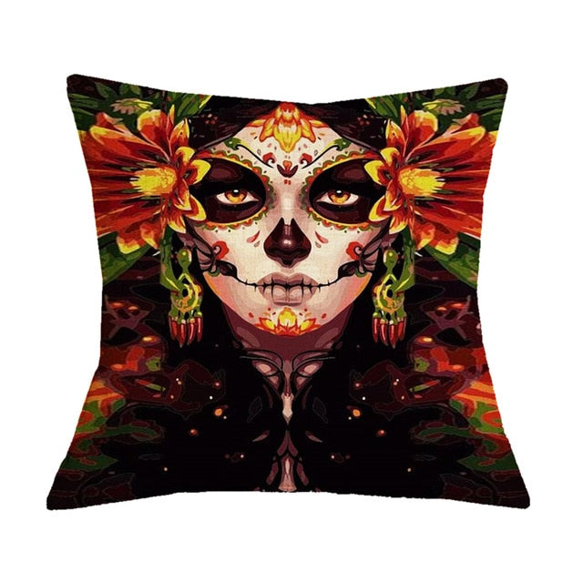Day of the Dead Floral Skull Print Throw Pillows for Couch Halloween Decorative Pillow Covers Sugar Skull Girl Cushion Case