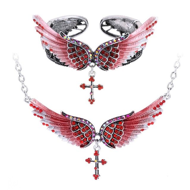 Angel wing cross necklace bracelet sets women biker jewelry birthday gifts women her girlfriend wife mom
