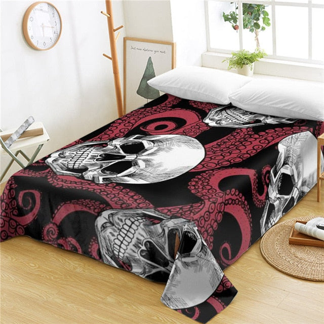 Skulls Bed Sheets Octopus Tentacles Hand Flat Sheet Gothic Bedding