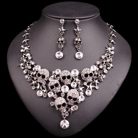 Vintage Crystal Skull Jewelry Sets Punk Necklace Earrings