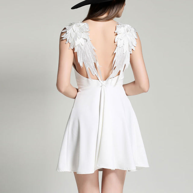 Summer Embroidery dress Femme Dark Angel Wings Gothic vestidos de festa Backless Black White Sexy Party Club dress xs