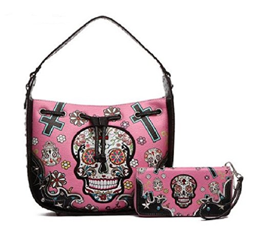 Western Sugar Skull Hobo Shoulder Bag with Drawstring Closure and Matching Wallet, Removable Crossbody Strap