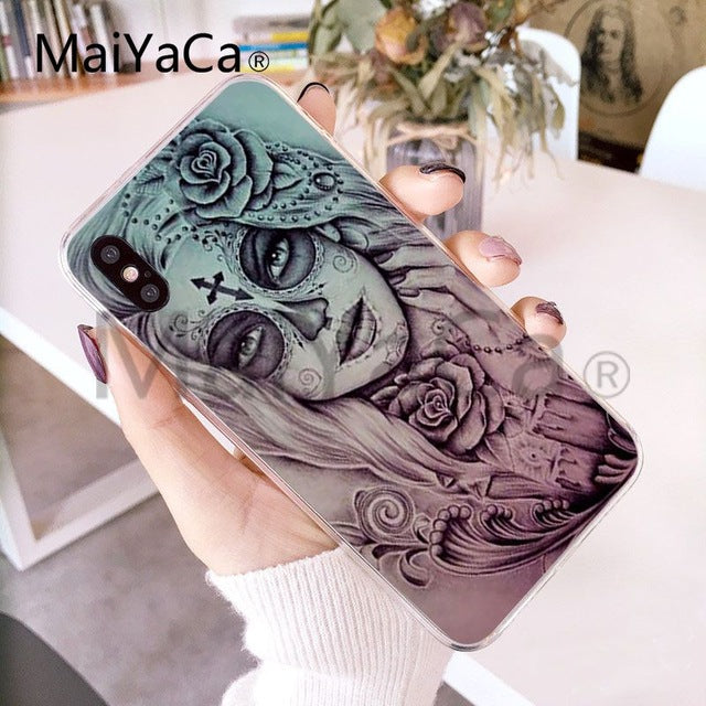 Funny Sugar Skull Girl Tattoo Transparent Shell Phone Case For iphone