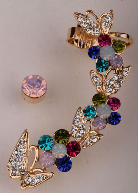 Butterfly left ear cuff wrap clip earrings gold silver color australian crystal jewelry for women