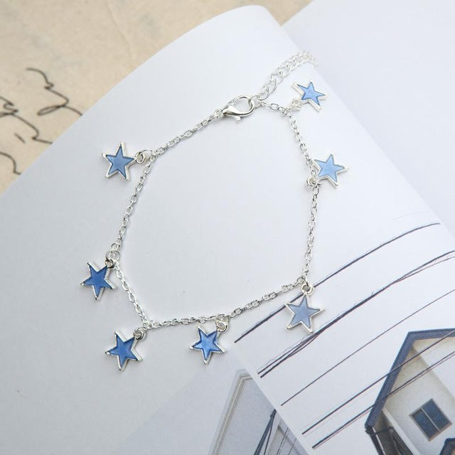 Luminous Ladies Beach Winds Blue Pentagon Star Tassel Anklet Silver Chain Anklets For Women Barefoot Sandals