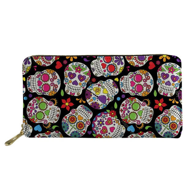 Women's Clutch Money Bags Sugar Skull Printing Long PU Leather