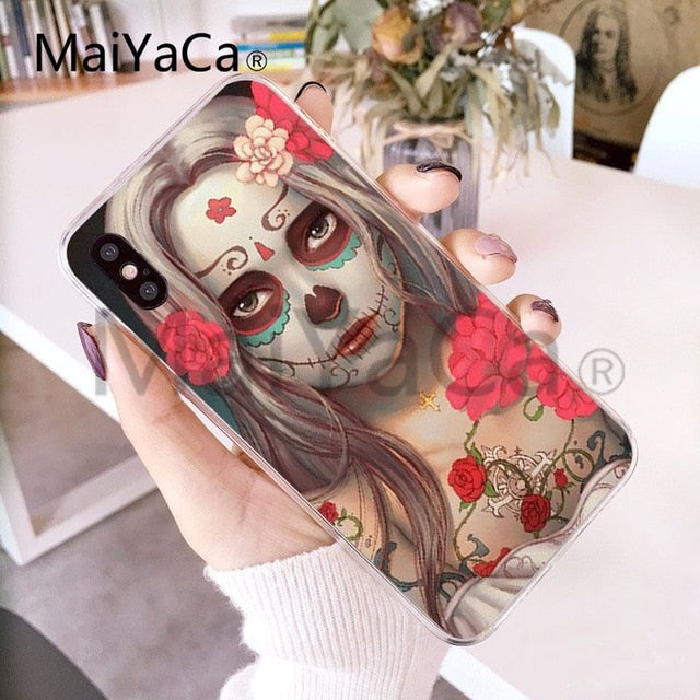 Funny Sugar Skull Girl Tattoo Transparent Shell Phone Case For iphone