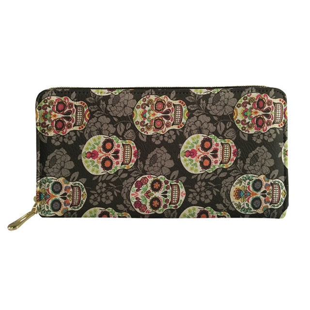 Women's Clutch Money Bags Sugar Skull Printing Long PU Leather