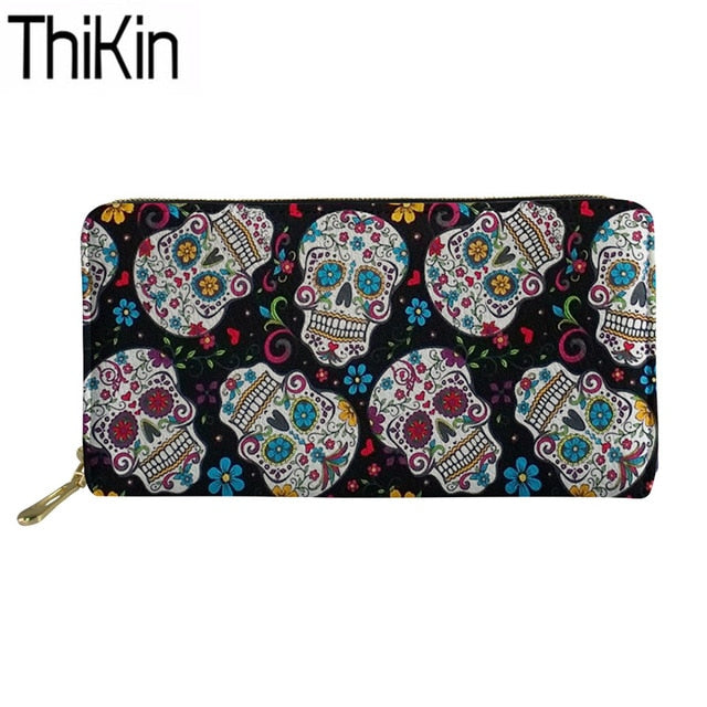 Women's Clutch Money Bags Sugar Skull Printing Long PU Leather