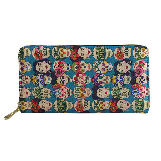 Women's Clutch Money Bags Sugar Skull Printing Long PU Leather
