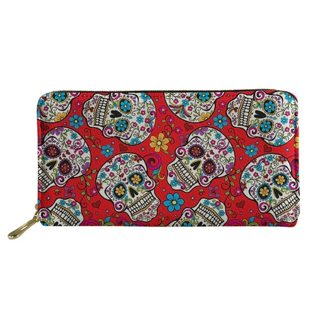 Women's Clutch Money Bags Sugar Skull Printing Long PU Leather