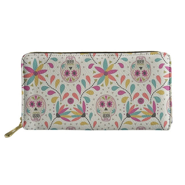 Women's Clutch Money Bags Sugar Skull Printing Long PU Leather