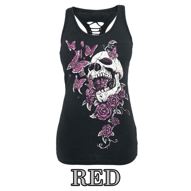 Summer Fashion Women T-Shirt Skull Print Hollow Out T-Shirt O-Neck Sleeveless Sexy Tee Top Plus