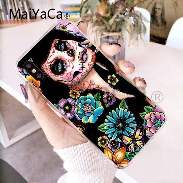 Funny Sugar Skull Girl Tattoo Transparent Shell Phone Case For iphone