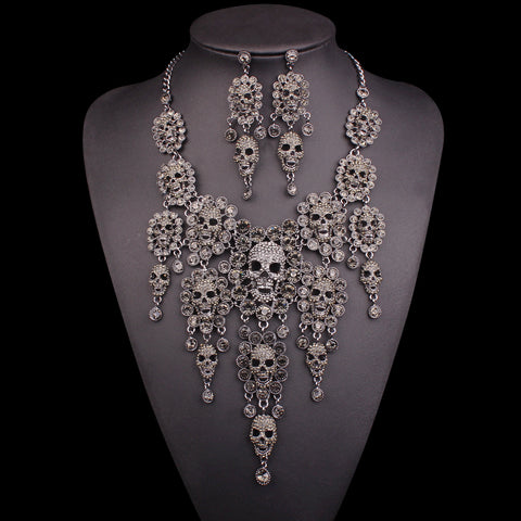 Individuality Rhinestones Skeleton Necklace Earrings Sets Vintage Skull Jewelry Sets Retro crystal Jewellery Set Gift for Women