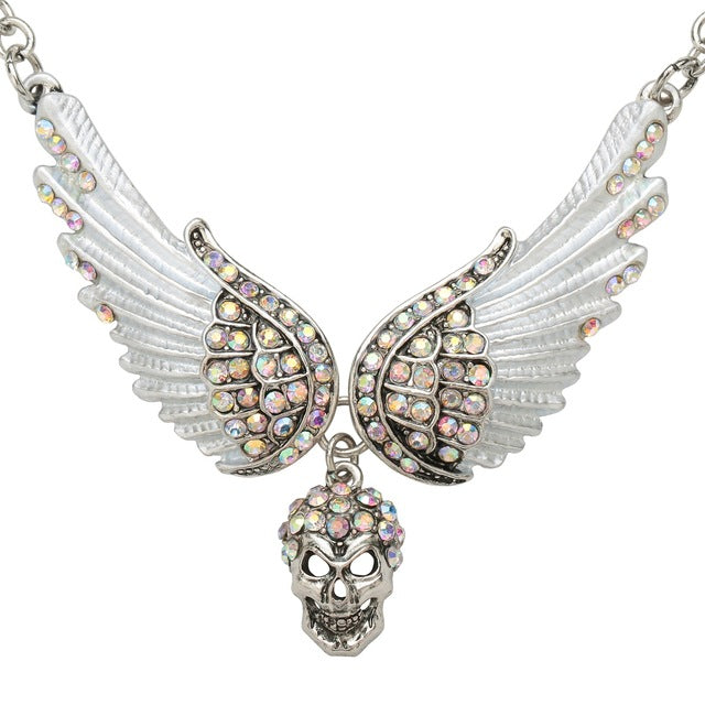 Angel Wings Skull Choker Necklace Guardian Biker Crystal Goth Jewelry Gift for Women Silver Color (18+2)"