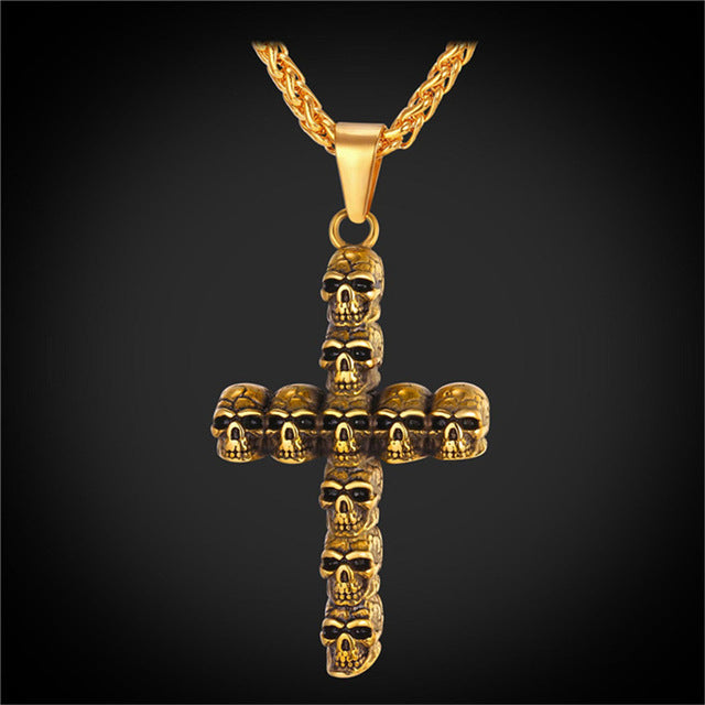 punk skull skeleton cross necklace for men retro design Biker jewelry with chain