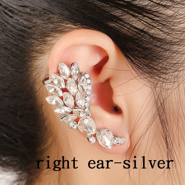 Fashion Popular Women Full Rhinestones Wing Ear Cuff Feather Gold Silver Plated Big Zircon Earcuff Clip Earrings