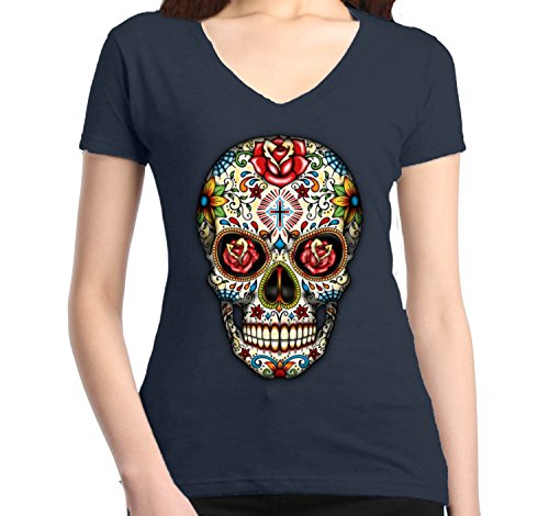 Skull Red Roses Women's V-Neck T-shirt Day of the Dead Shirts