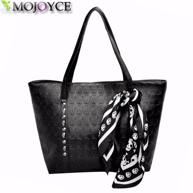 Hot PU Leather Women Skull Bag Female Solid Punk Shoulder Bag Fashion Soft Women Handbags Black Large Ladies Tote Bag
