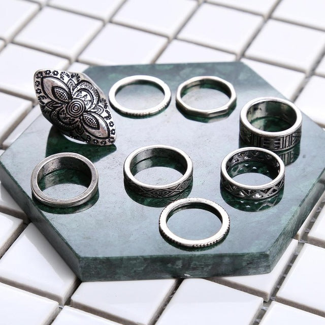 5pcs/Set Fashion High Quality Bohemia Style Rings Set Classic Shape Pattern Crystal Pendant for Women Charm Jewelry