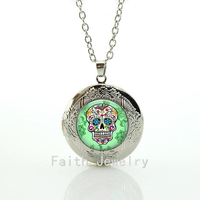 Fashion Necklace,Sugar Skull Silver Finish Pendant Necklace,Handmade Long Necklace,Day of The Dead Jewelry locket pendant