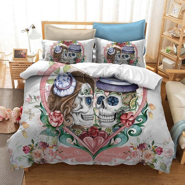 3D Prined Bedding Set Cartoon Skull Couple Wedding Duvets Cover