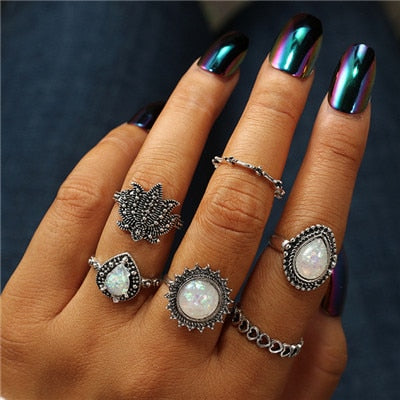Antique Silver Carved Geometric Rings Set for Women Letter Hand Flower Knuckle Midi Rings Set Bohemian Jewelry